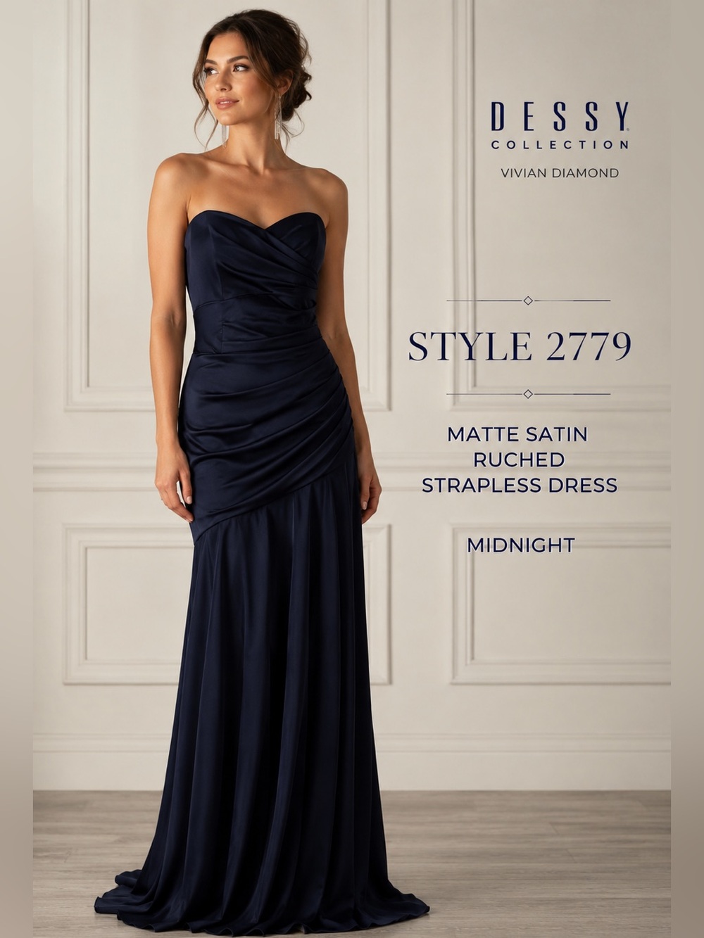 Dessy Collection Vivian Diamond 2779 Midnight Strapless Ruched Mermaid Gown NEW